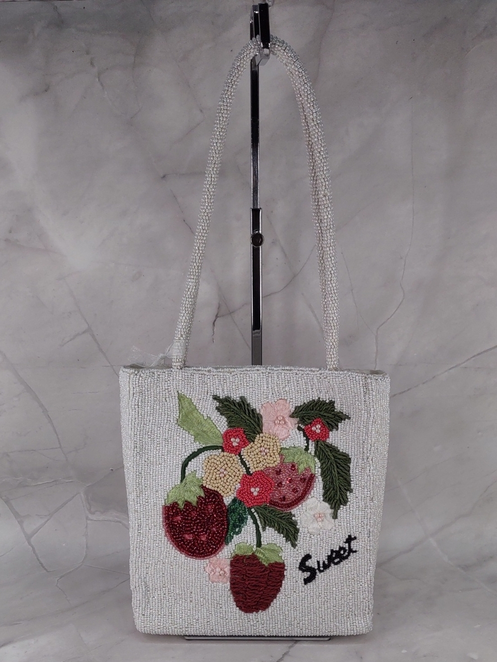 Beaded White "Sweet Strawberries" Tote Bag
